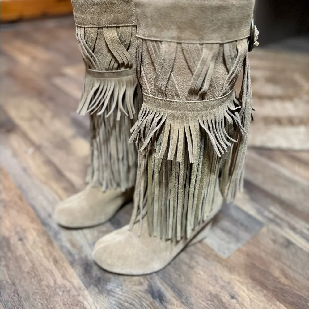 Encore Genuine Suede Fringe‎ Wedge Boots | Statement Boho Western | NWOB | 7